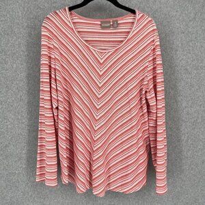 Chicos Hummingbird Stripe Scoop-Neck Sweater Top Size XL Knit Lightweight Coral